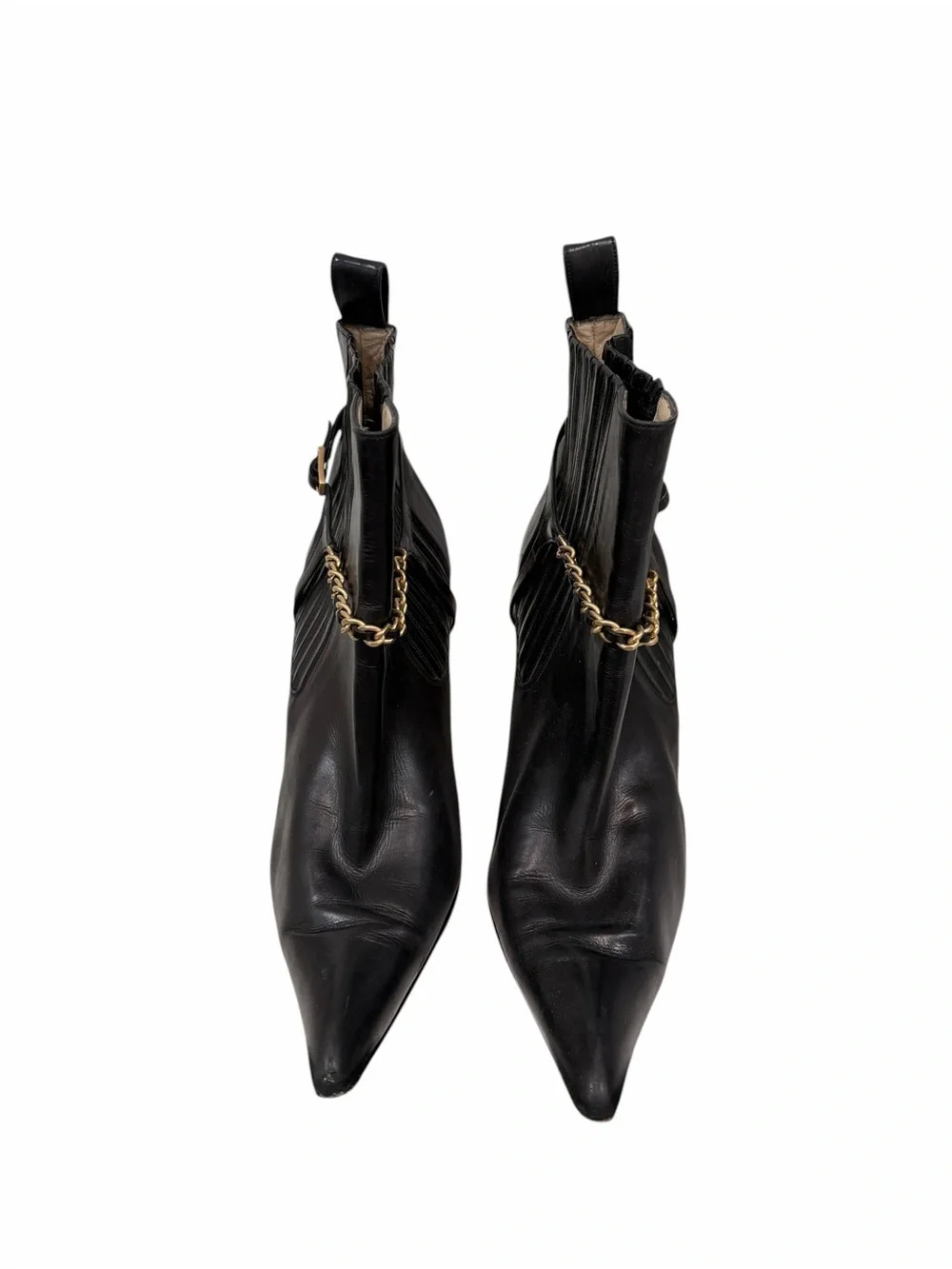 CHANEL Black Leather Chain Strap Pointed Toe Ankle Boots Booties